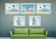 photo frames and green sofa on poster template