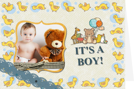 new baby boy card with sweet teddy and ducks